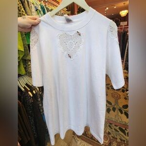 Vintage White T-Shirt with embroidered lace Accent- Size L